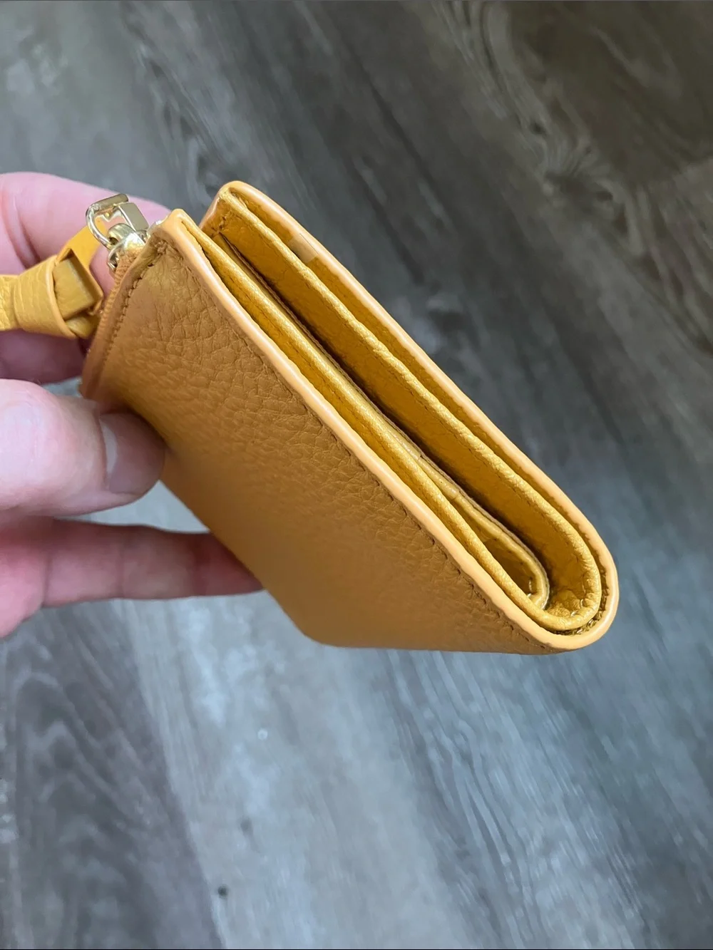 Tory Burch Pebbled Leather Zip Card Case in Mustard